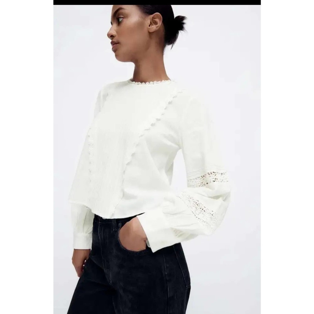 Zara cotton boho bubble sleeve crochet blouse size S